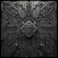 Complex black and gray mechanical design with intricate patterns
