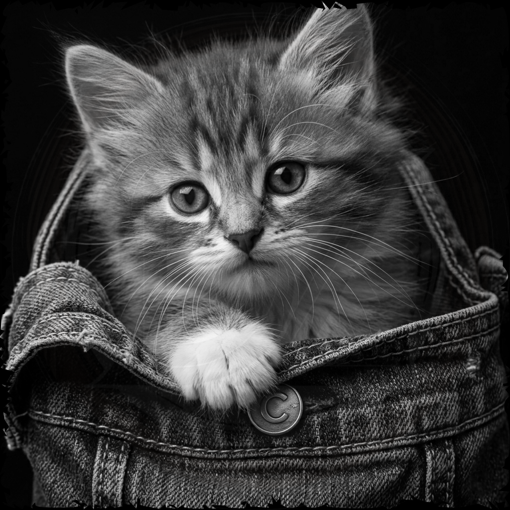 Black and white kitten peeking out from a denim pocket