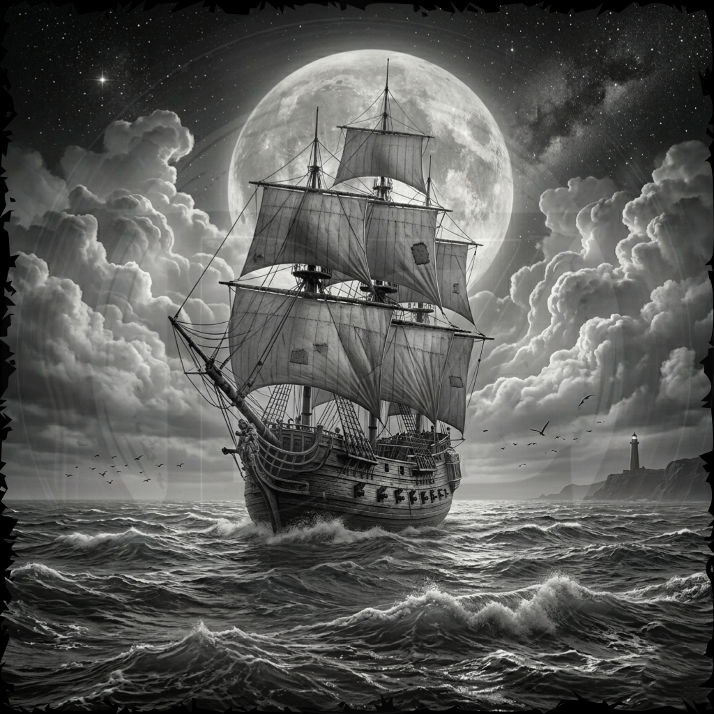 Vintage-style ship sailing on choppy waters under a full moon and cloudy sky.