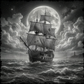 Vintage-style ship sailing on choppy waters under a full moon and cloudy sky.