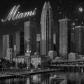 Miami skyline with prominent buildings and 'Miami' text at night.