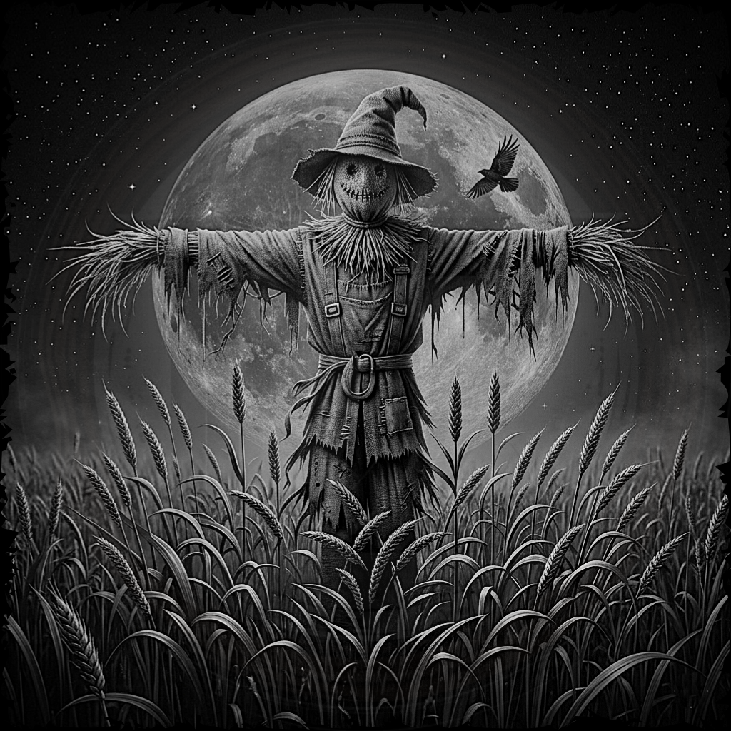 Scarecrow in a field with a full moon in the background