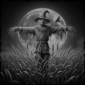 Scarecrow in a field with a full moon in the background