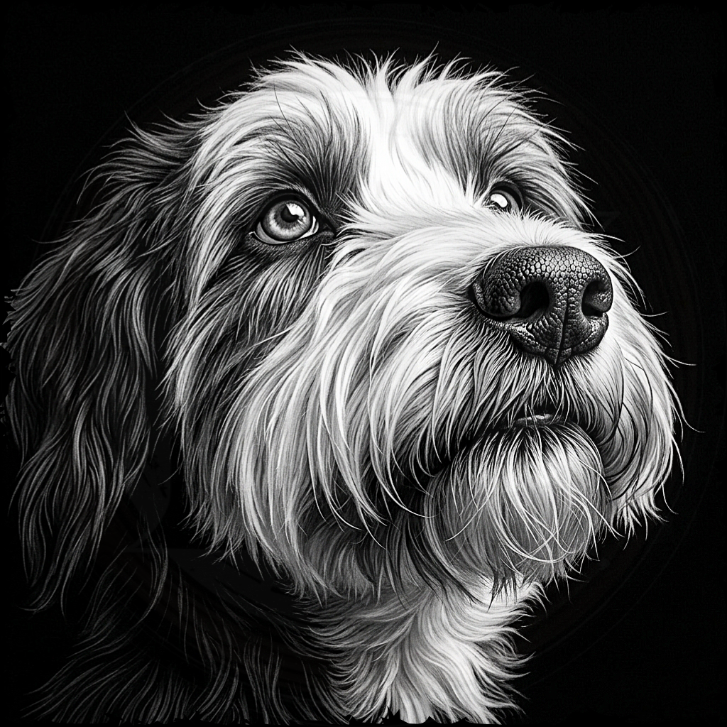 Black and white portrait of a dog with a detailed expression on a black background
