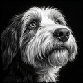 Black and white portrait of a dog with a detailed expression on a black background