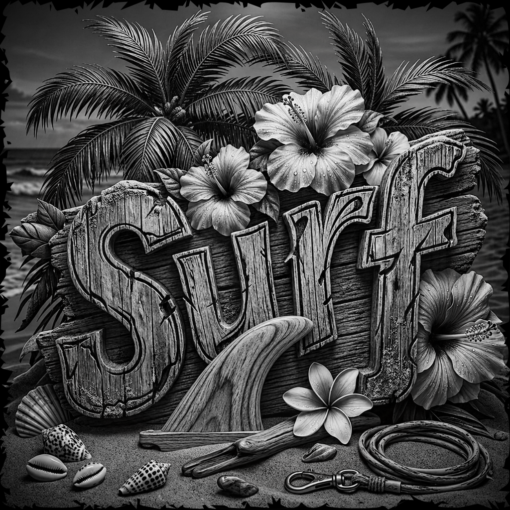 Black and white illustration of 'SURF' with tropical elements like palm leaves, flowers, and a surfboard.