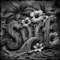 Black and white illustration of 'SURF' with tropical elements like palm leaves, flowers, and a surfboard.