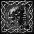 Black and white illustration of an alien creature with mechanical elements.