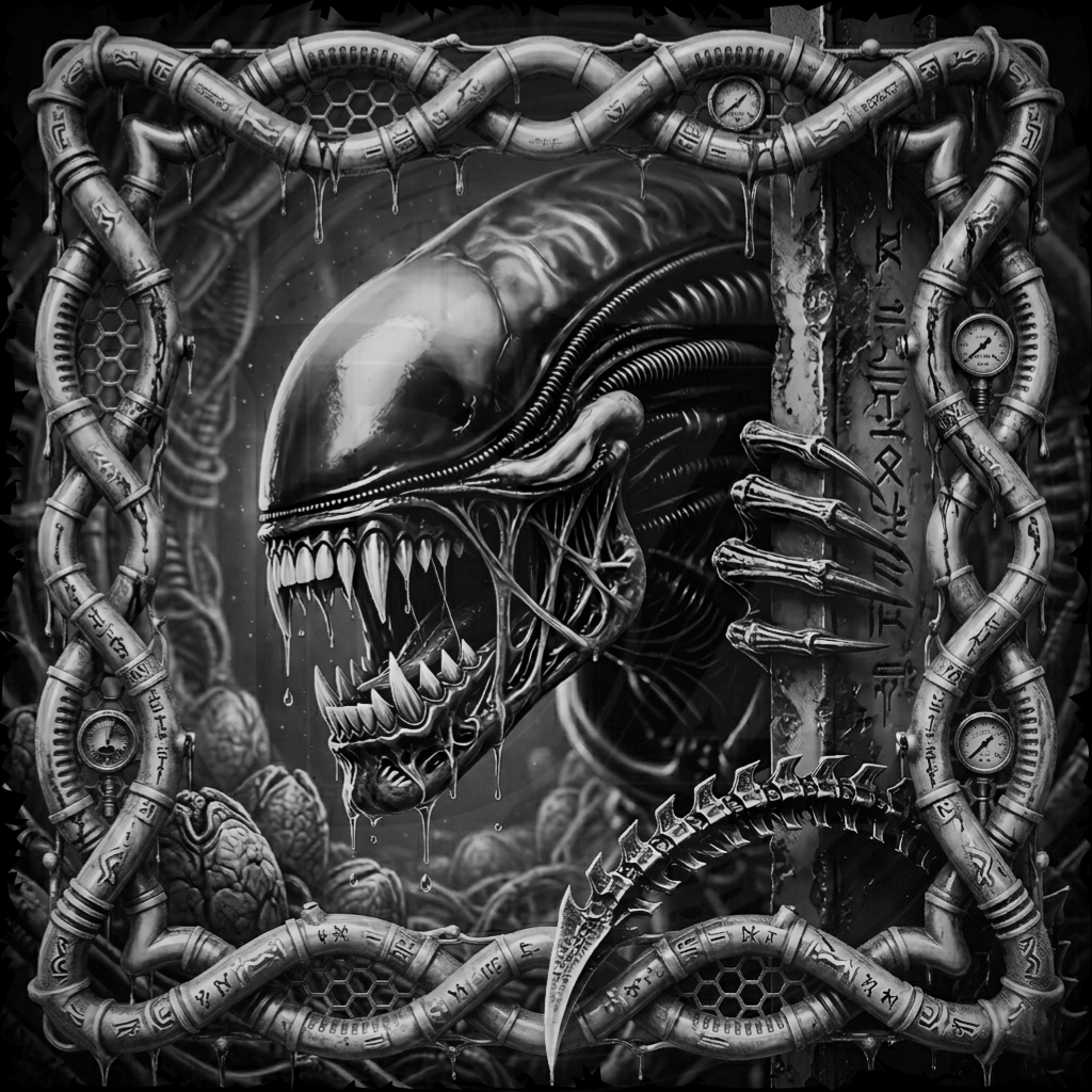Black and white illustration of an alien creature with mechanical elements.