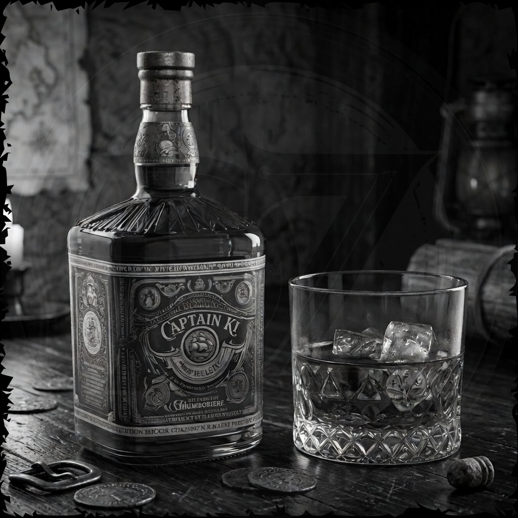 Captain Malt bottle with a glass of whiskey on a wooden surface with coins.