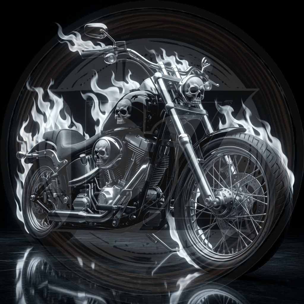 Motorcycle with skull design and flames on a dark background