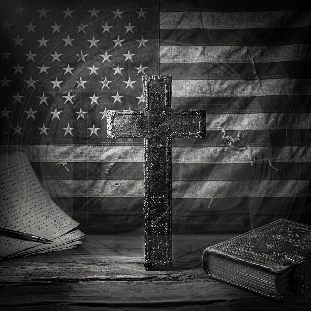 Vintage cross on a wooden surface with an American flag in the background