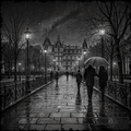 Two people walking under an umbrella on a wet street at night with a cityscape in the background.