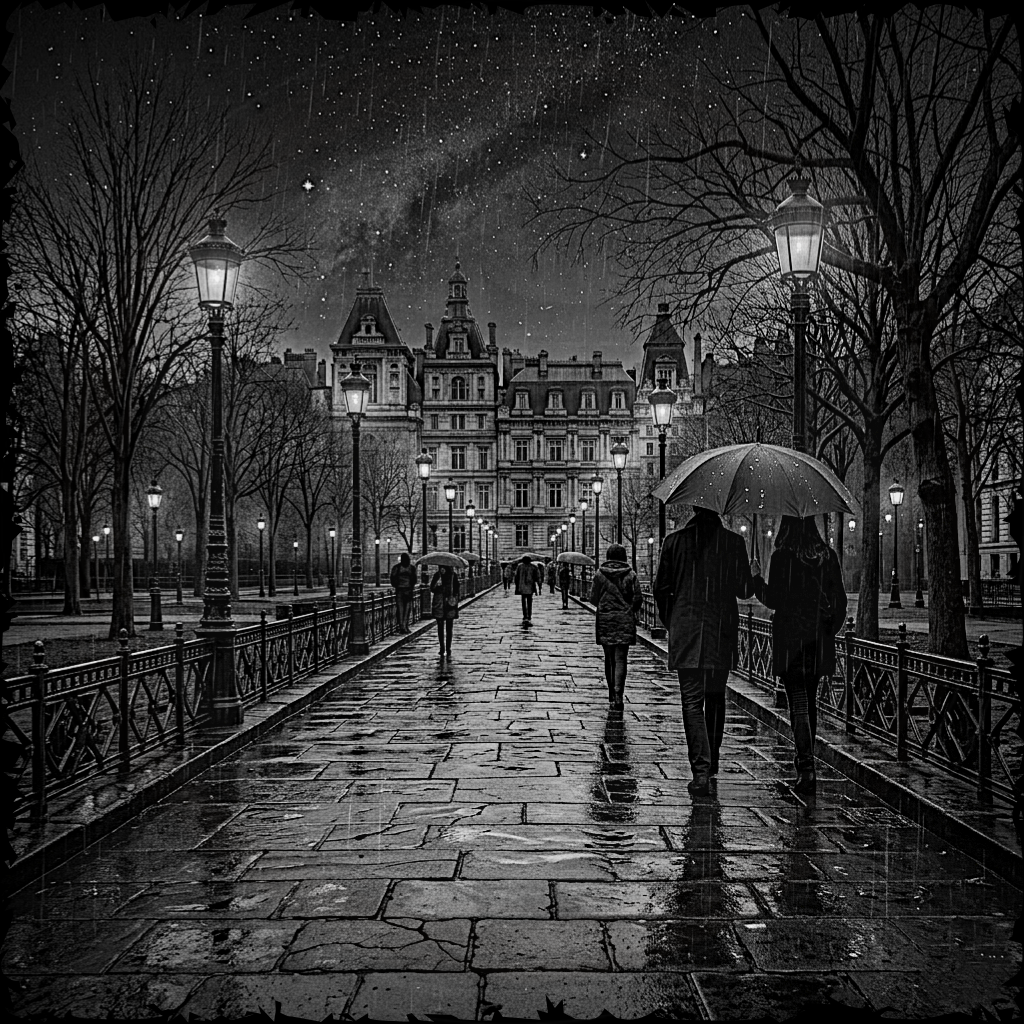 Two people walking under an umbrella on a wet street at night with a cityscape in the background.