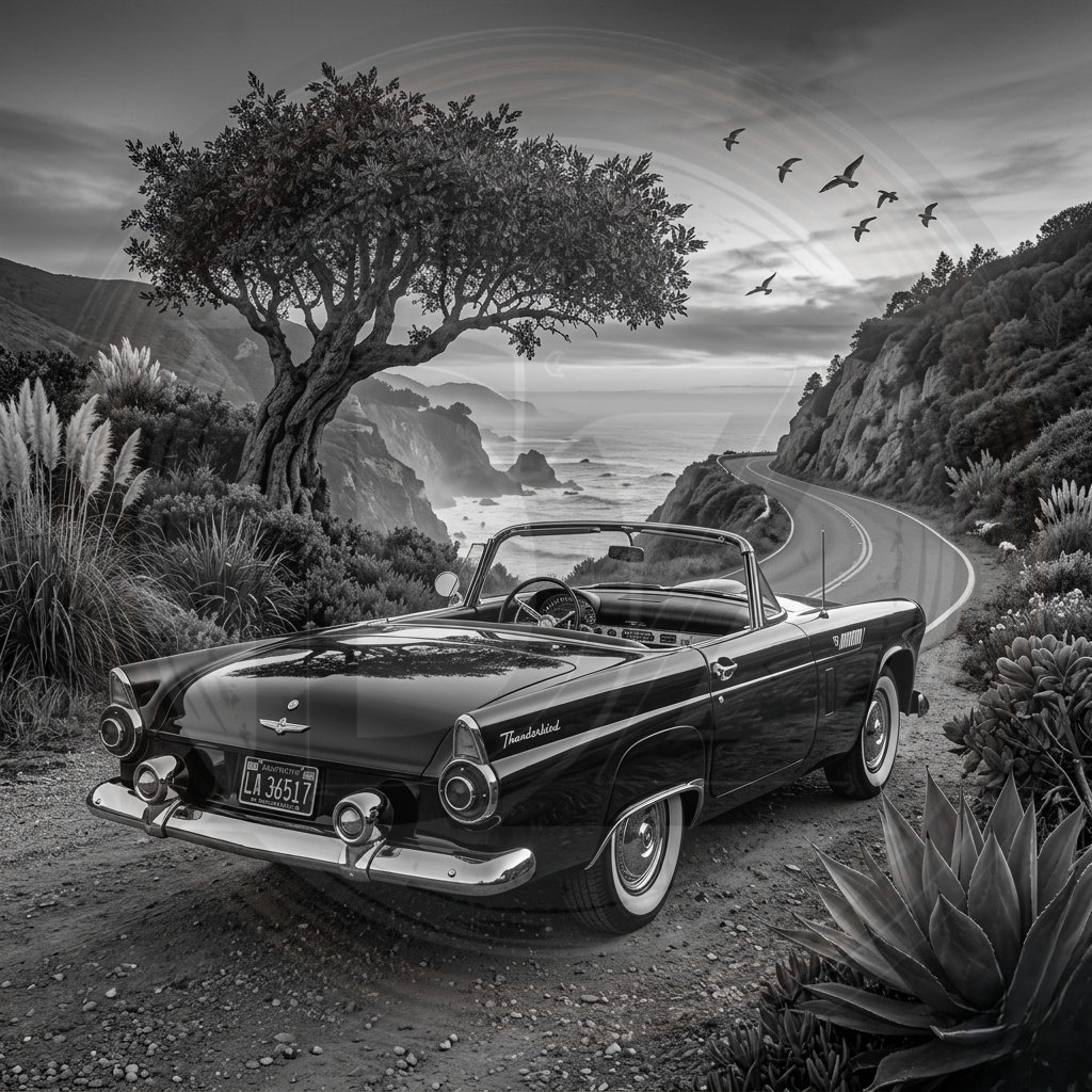 Vintage convertible car on a scenic coastal road with a tree and ocean view.