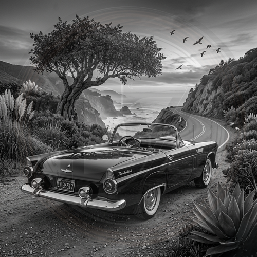 Vintage convertible car on a scenic coastal road with a tree and ocean view.