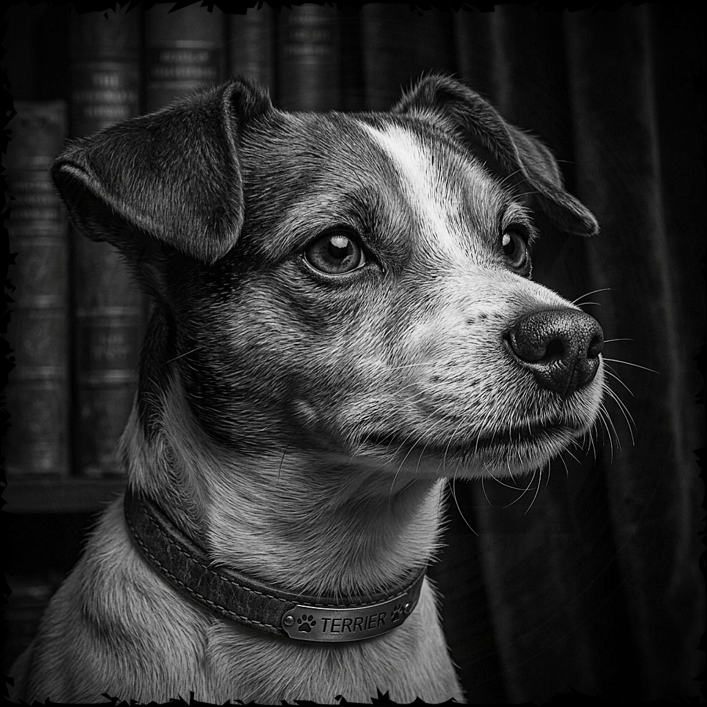 Black and white photo of a dog wearing a collar with 'Terrier' on it, standing in front of bookshelves.