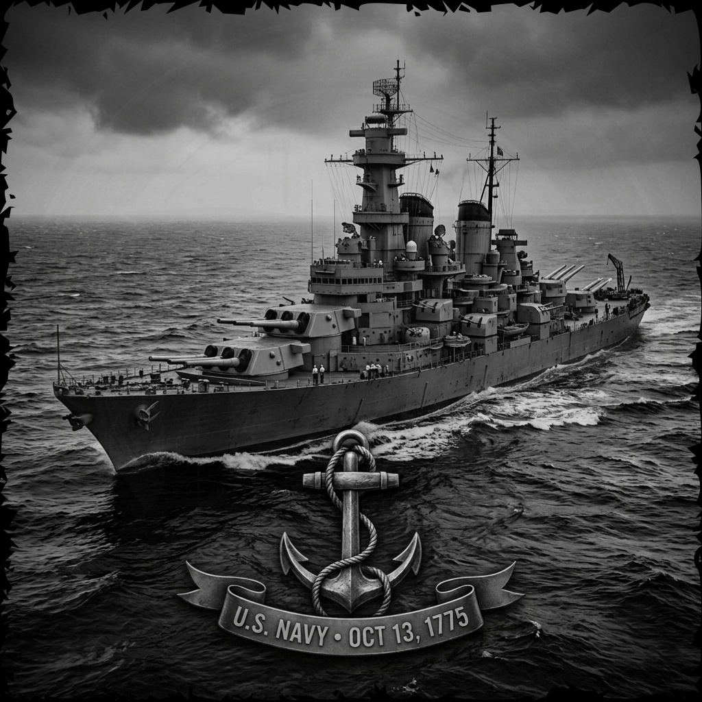 Black and white image of a large naval ship on the ocean with an anchor and banner at the bottom.