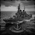 Black and white image of a large naval ship on the ocean with an anchor and banner at the bottom.