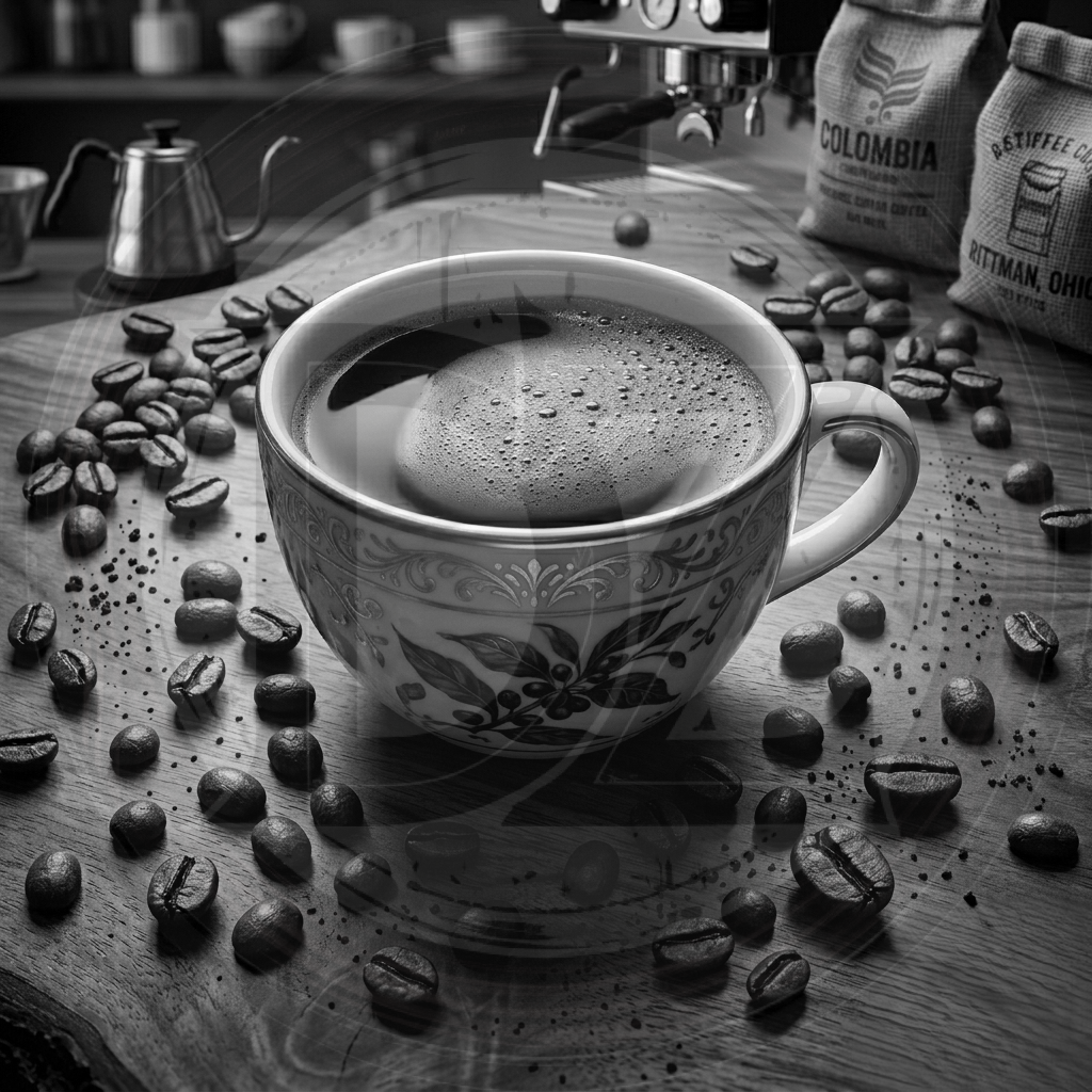 Cup of coffee with coffee beans on a wooden surface