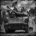 Tank with soldiers on a rocky landscape under an American flag