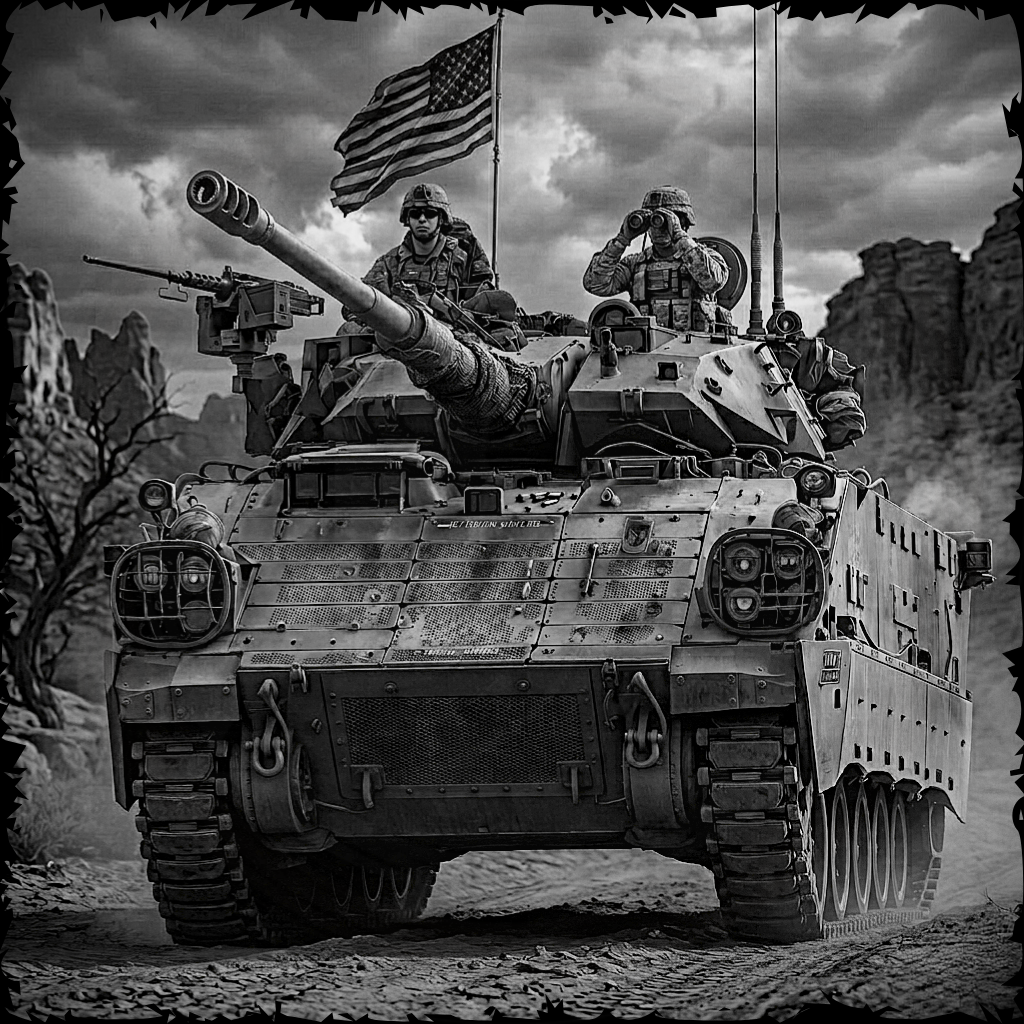 Tank with soldiers on a rocky landscape under an American flag