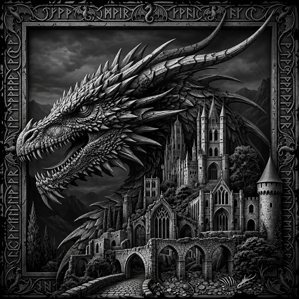 Black and white illustration of a dragon overlooking a castle with intricate detailing.