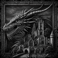Black and white illustration of a dragon overlooking a castle with intricate detailing.