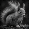 Black and white photo of a squirrel on a log