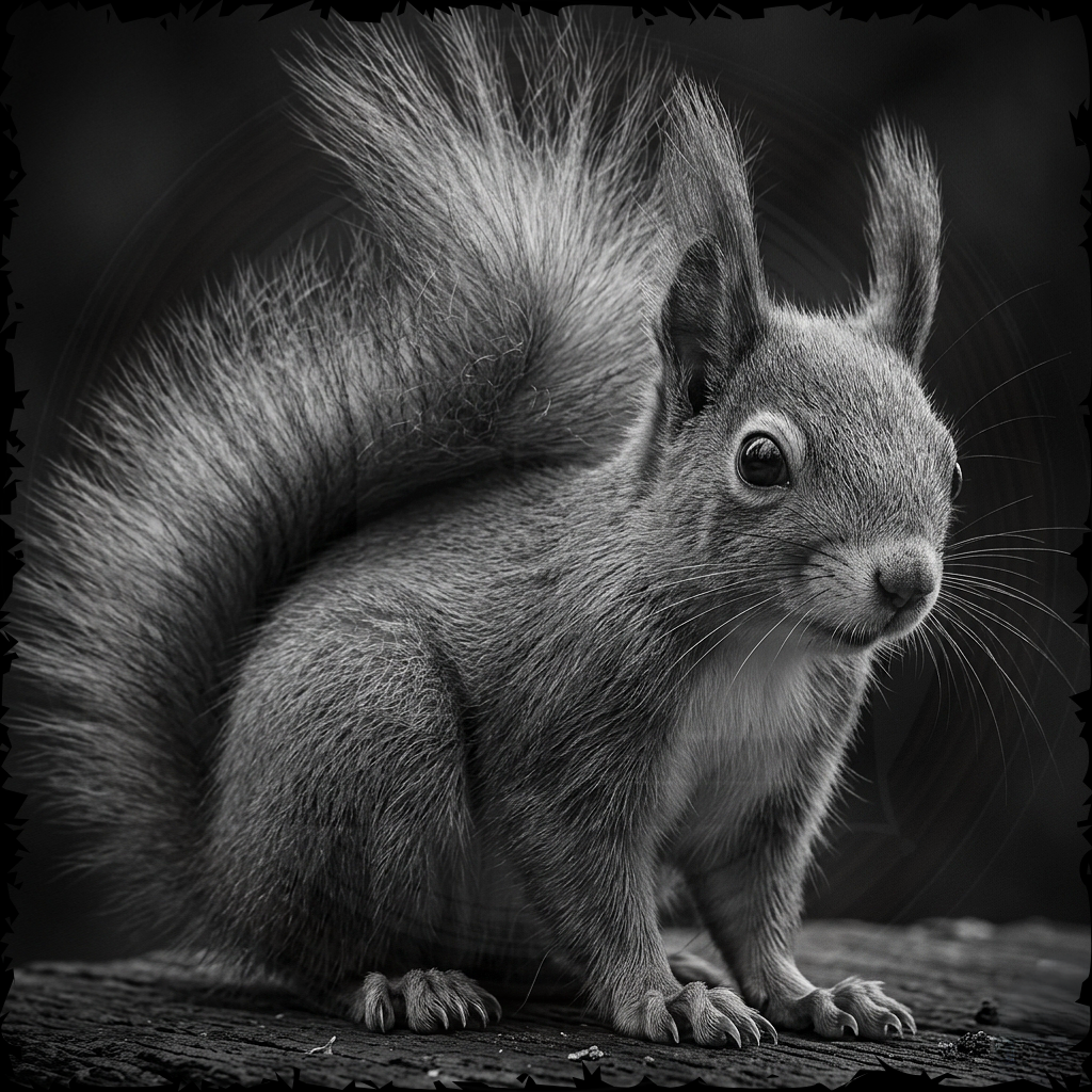 Black and white photo of a squirrel on a log