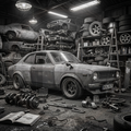 Vintage car in a cluttered garage with tools and parts scattered around