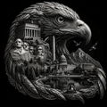 Black and white illustration of an eagle with U.S. landmarks inside its wings