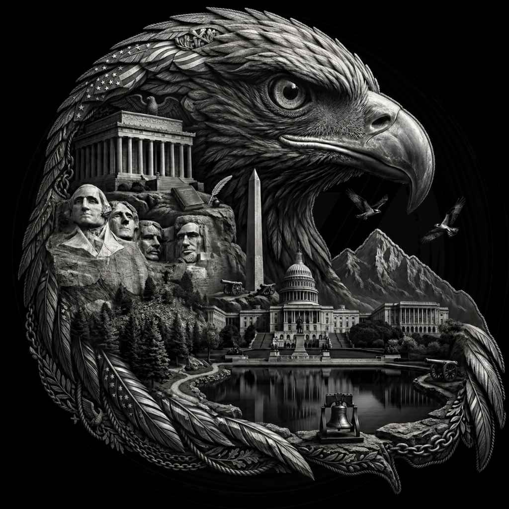 Black and white illustration of an eagle with U.S. landmarks inside its wings