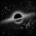 Artistic depiction of a black hole in space with asteroids and satellites.