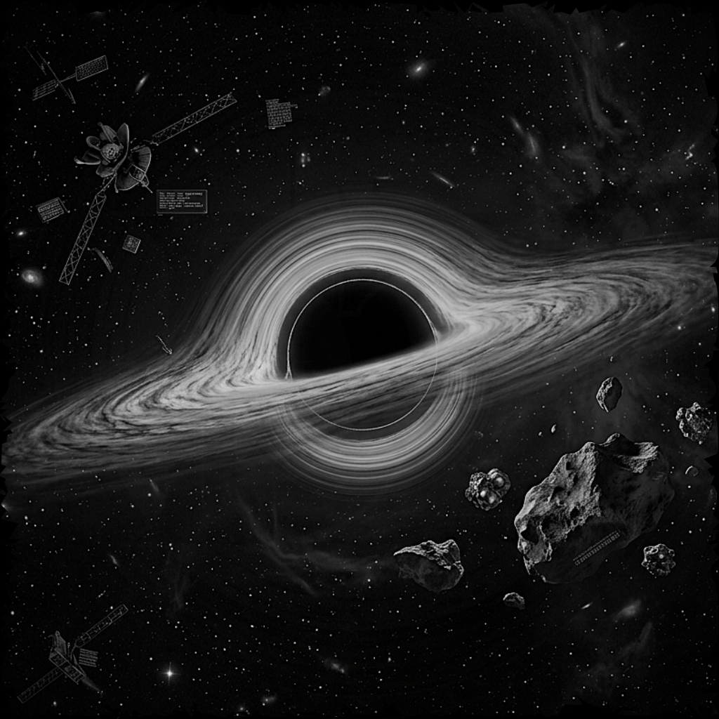 Artistic depiction of a black hole in space with asteroids and satellites.