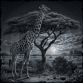 Giraffe standing under a tree with a moonlit sky in an African savanna setting