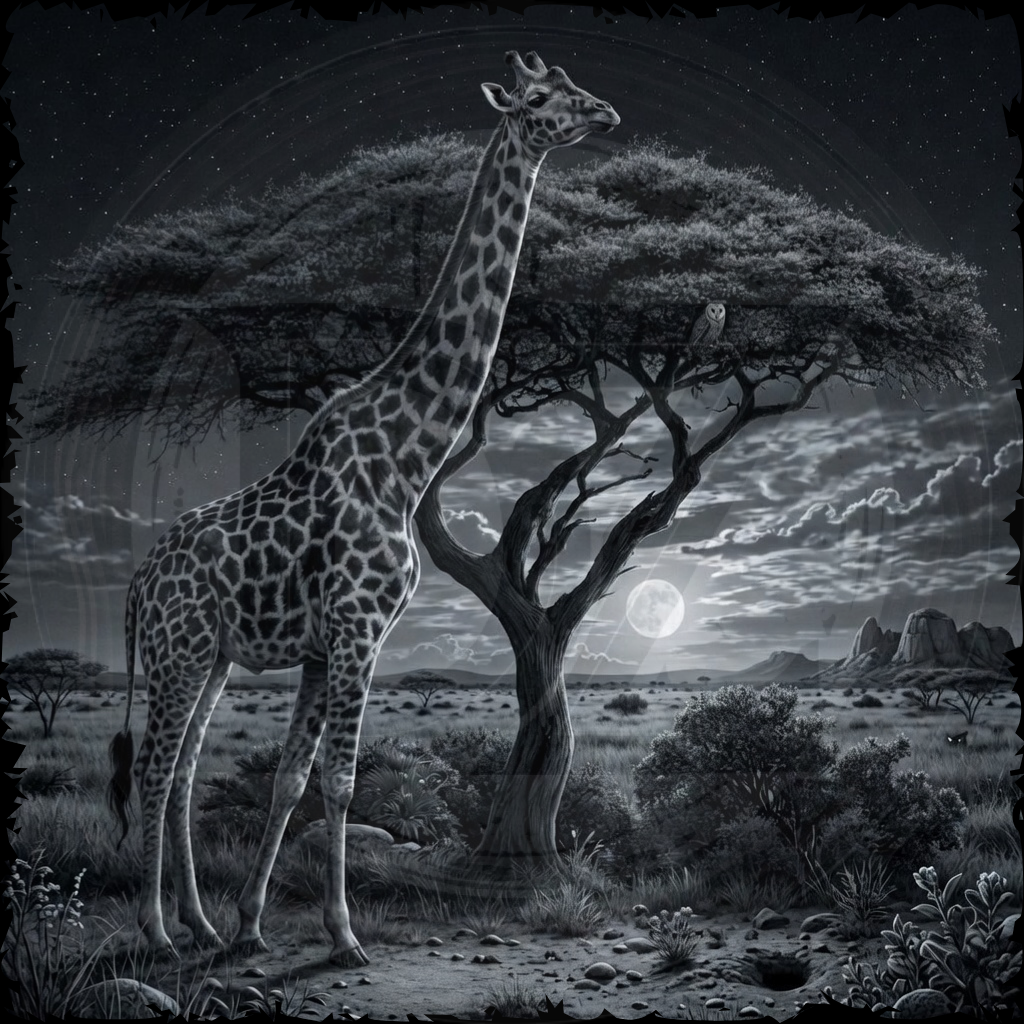 Giraffe standing under a tree with a moonlit sky in an African savanna setting