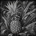 Black and white illustration of a pineapple surrounded by tropical plants