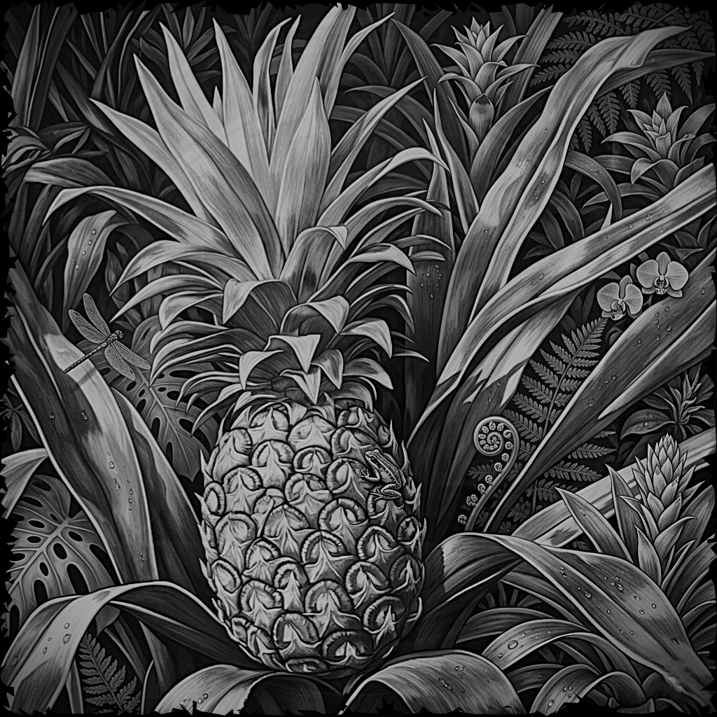 Black and white illustration of a pineapple surrounded by tropical plants