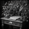 Vintage desk scene with flowers, quill, inkwell, and books on a wooden surface.