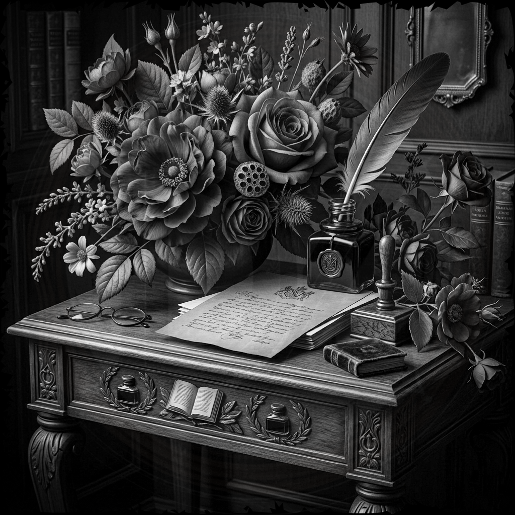 Vintage desk scene with flowers, quill, inkwell, and books on a wooden surface.
