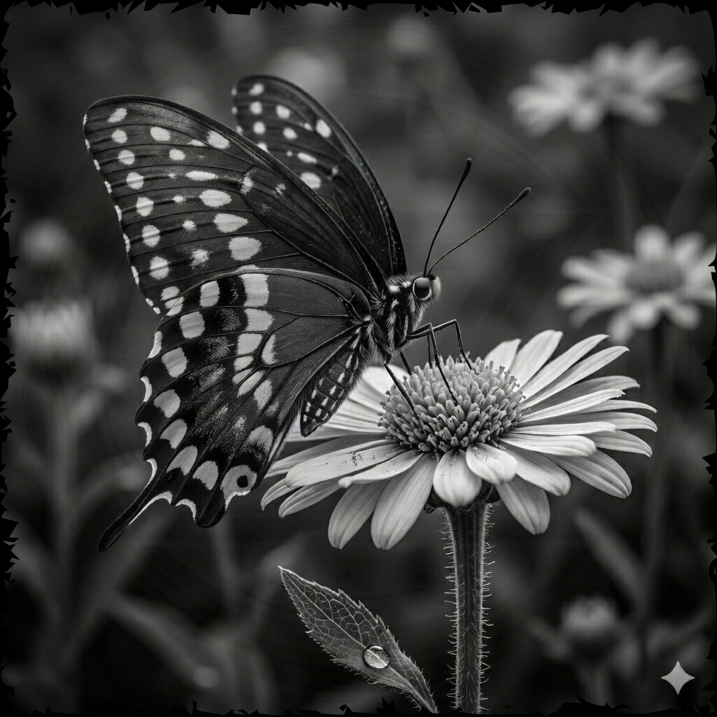 Butterfly on a flower in black and white