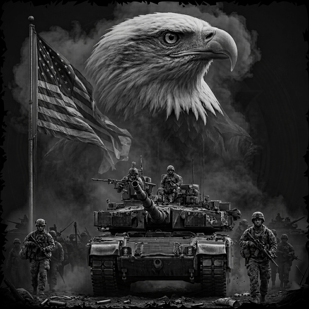 Tank with soldiers, American flag, and bald eagle against a dark background