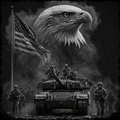 Tank with soldiers, American flag, and bald eagle against a dark background