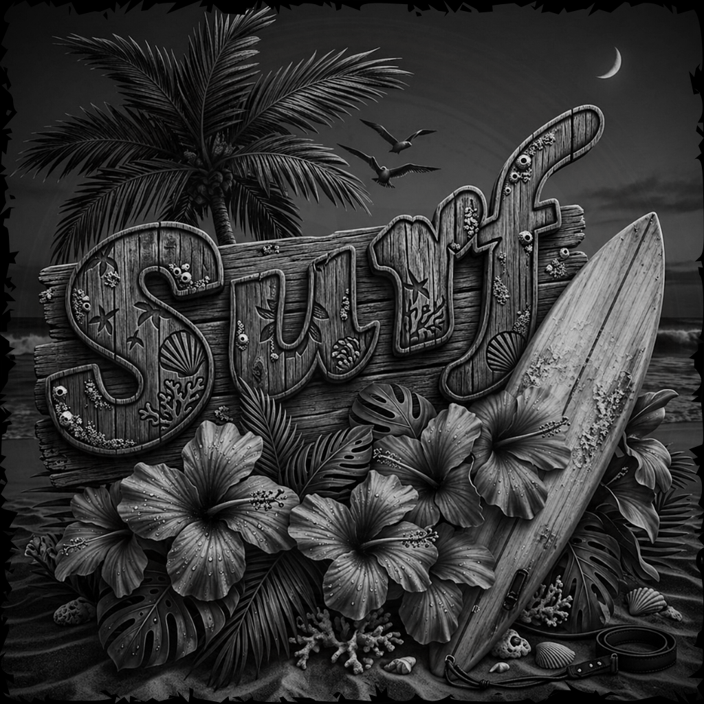 Black and white illustration of a 'Surf' sign with tropical elements and a surfboard.