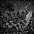 Black and white illustration of a 'Surf' sign with tropical elements and a surfboard.
