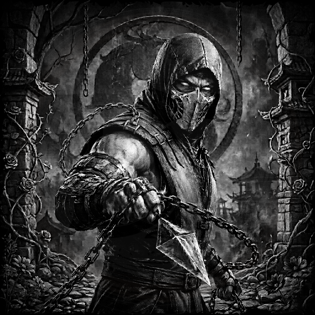 Dark-themed illustration of a hooded figure with chains in an eerie setting