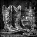 Pair of cowboy boots with a glass of wine and barrel in a rustic setting