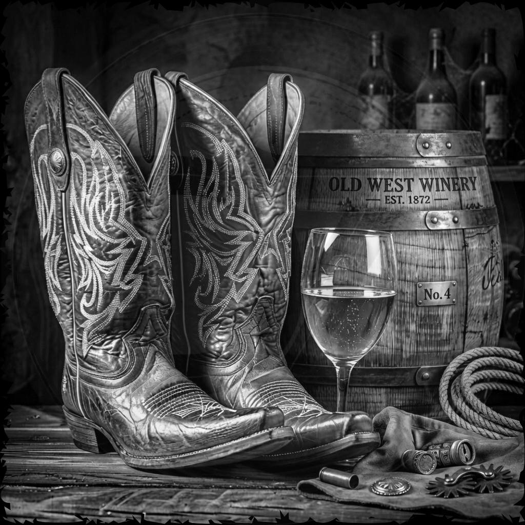 Pair of cowboy boots with a glass of wine and barrel in a rustic setting