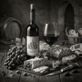 Wine bottle, glass, grapes, bread, and cheese on a wooden table with a rustic background.
